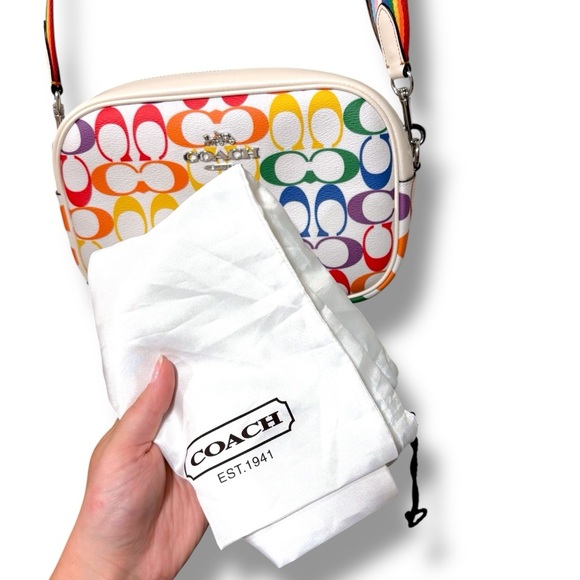 NWOT Coach Jamie Leather Camera Bag Rainbow Signature Canvas Silver/Chalk Multi - Picture 11 of 15